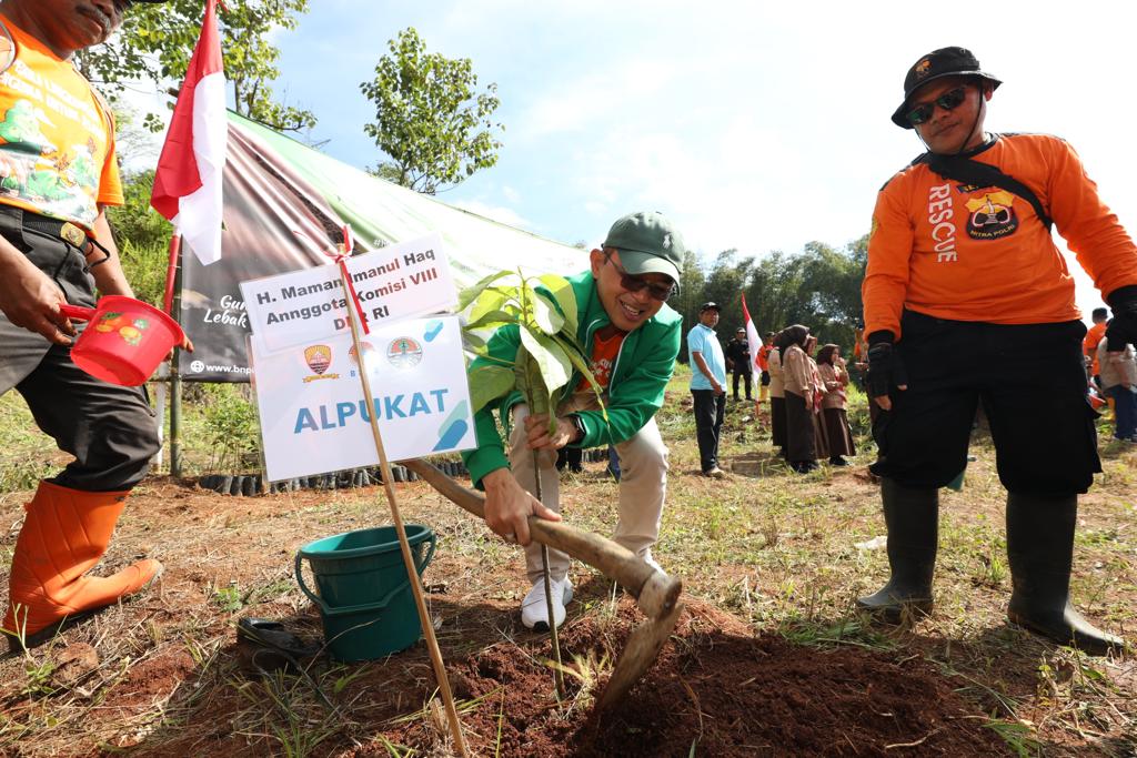 Anggota Komisi VIII DPR RI, K.H. Maman Immanul Haq menanam bibit pohon alpukat dalam kegiatan Pemulihan Pascabencana Longsor Melalui Penanaman 1.000 Pohon Pada Kegiatan Budaya Sadar Bencana di Desa Cihanjuang, Kecamatan Cimanggung, Kabupaten Sumedang, Jawa Barat, Minggu (10/7).